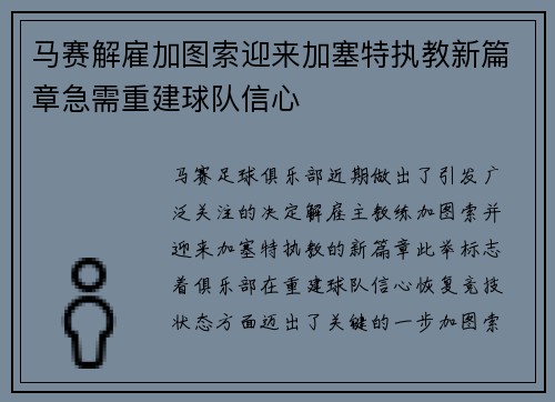马赛解雇加图索迎来加塞特执教新篇章急需重建球队信心 马赛解雇加图索迎来加塞特执教新篇章急需重建球队信心
