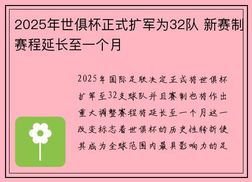 2025年世俱杯正式扩军为32队 新赛制赛程延长至一个月 2025年世俱杯正式扩军为32队 新赛制赛程延长至一个月