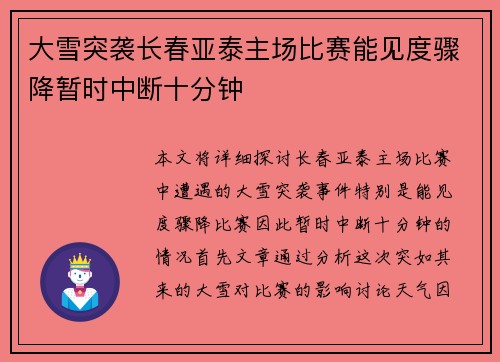大雪突袭长春亚泰主场比赛能见度骤降暂时中断十分钟 大雪突袭长春亚泰主场比赛能见度骤降暂时中断十分钟